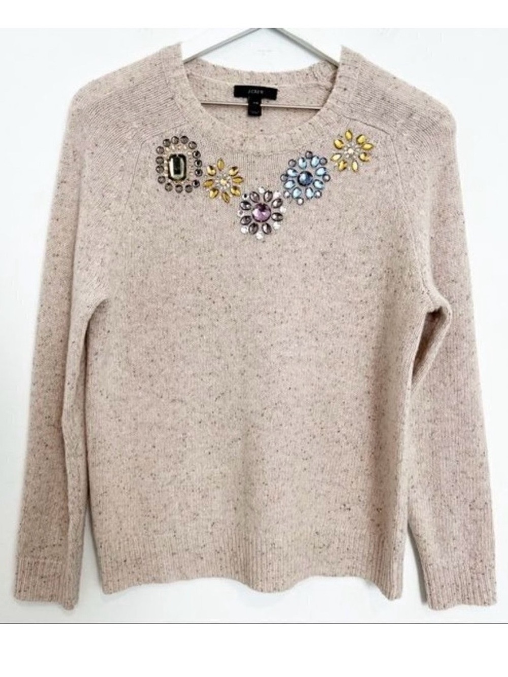 J Crew Sweater Size XXS Beige Jeweled Donegal Lambswool Coquette Holiday Prep